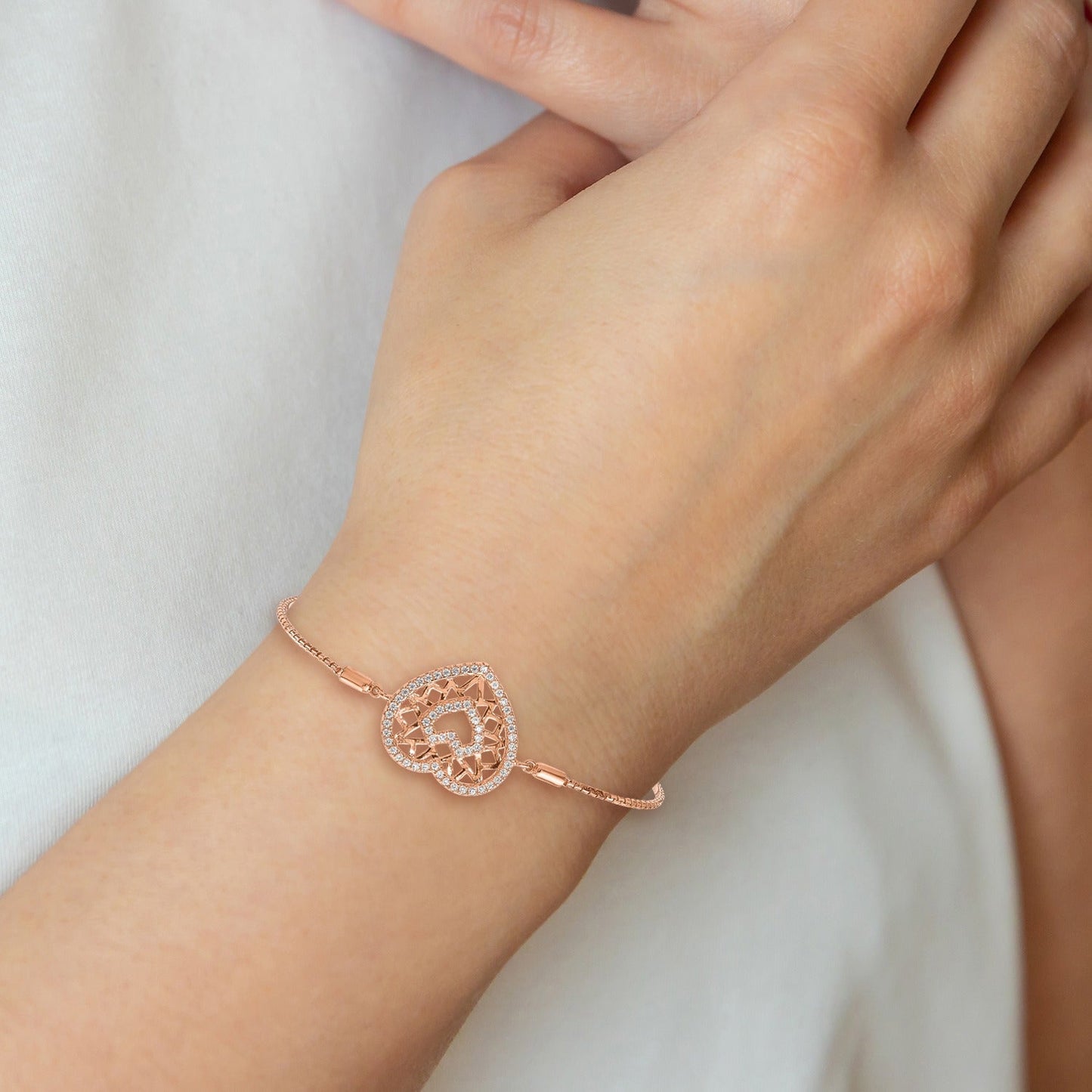 Round White Cubic Zirconia Prong Rose Gold Plated Silver Filigree Double Heart Adjustable Slider Bolo Bracelet