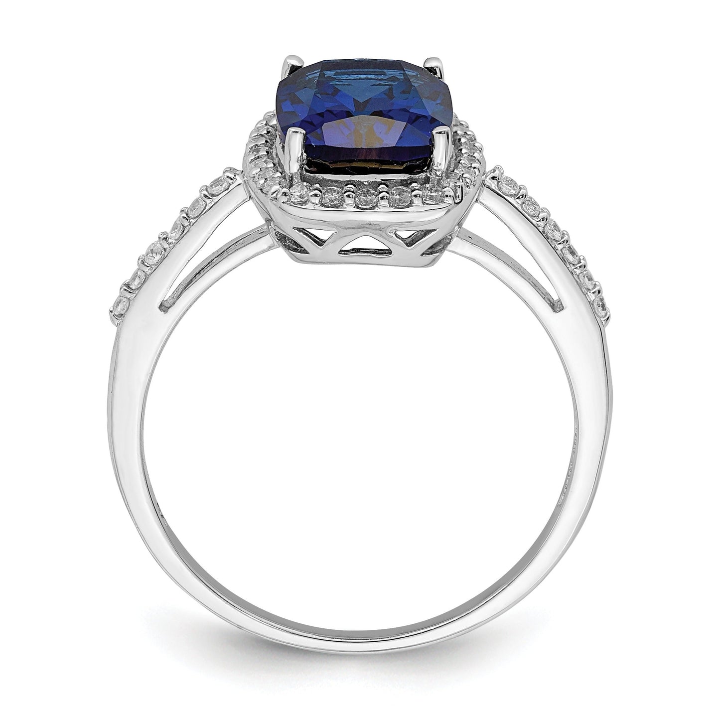 2.3 Ct Cushion Blue Created Sapphire & CZ Prong Rhodium-Plated Silver Halo Pave Band Ring