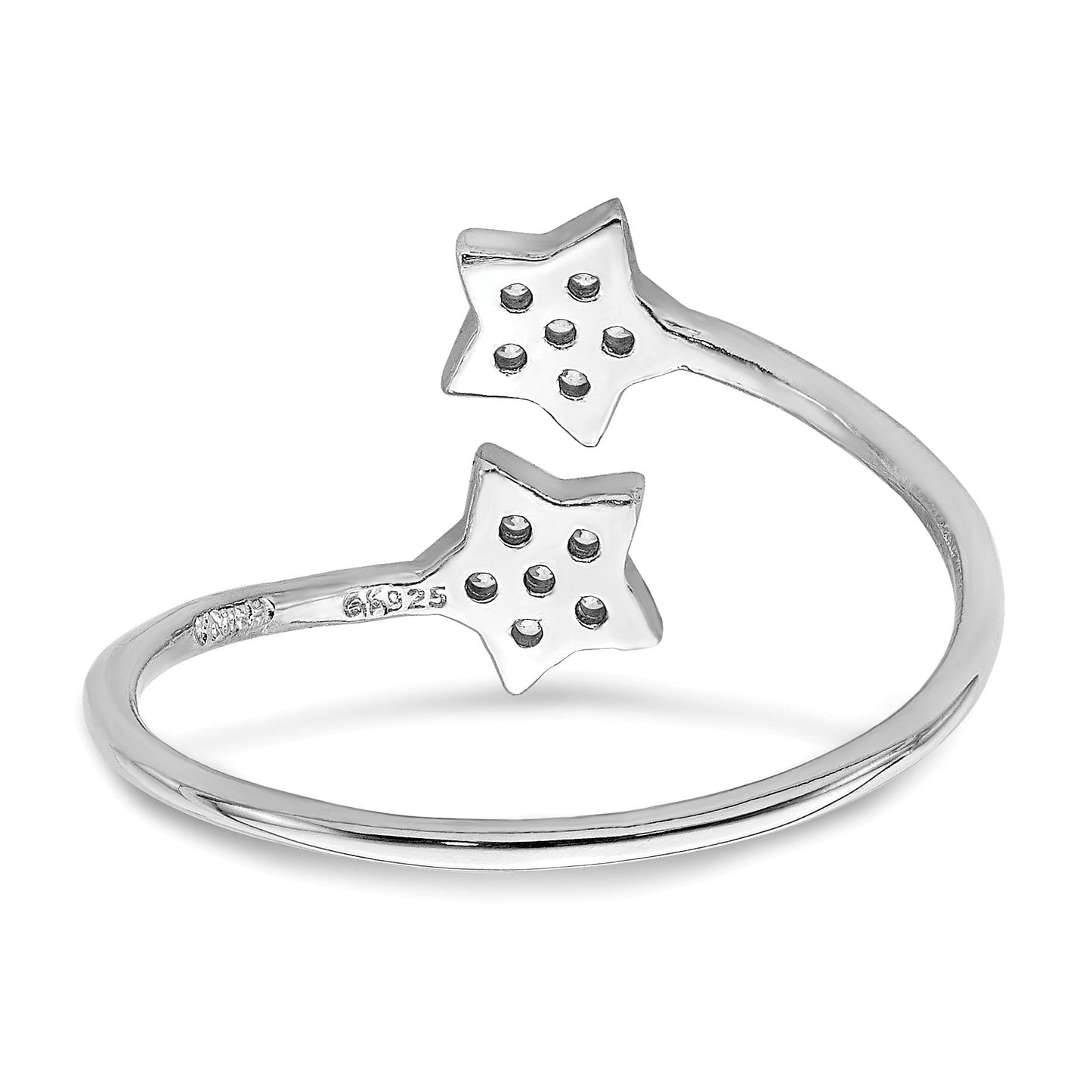 Round White Cubic Zirconia Prong Rhodium-Plated Silver Stars Bypass Adjustable Ring