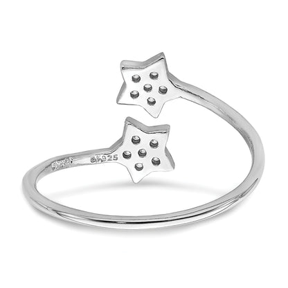 Round White Cubic Zirconia Prong Rhodium-Plated Silver Stars Bypass Adjustable Ring