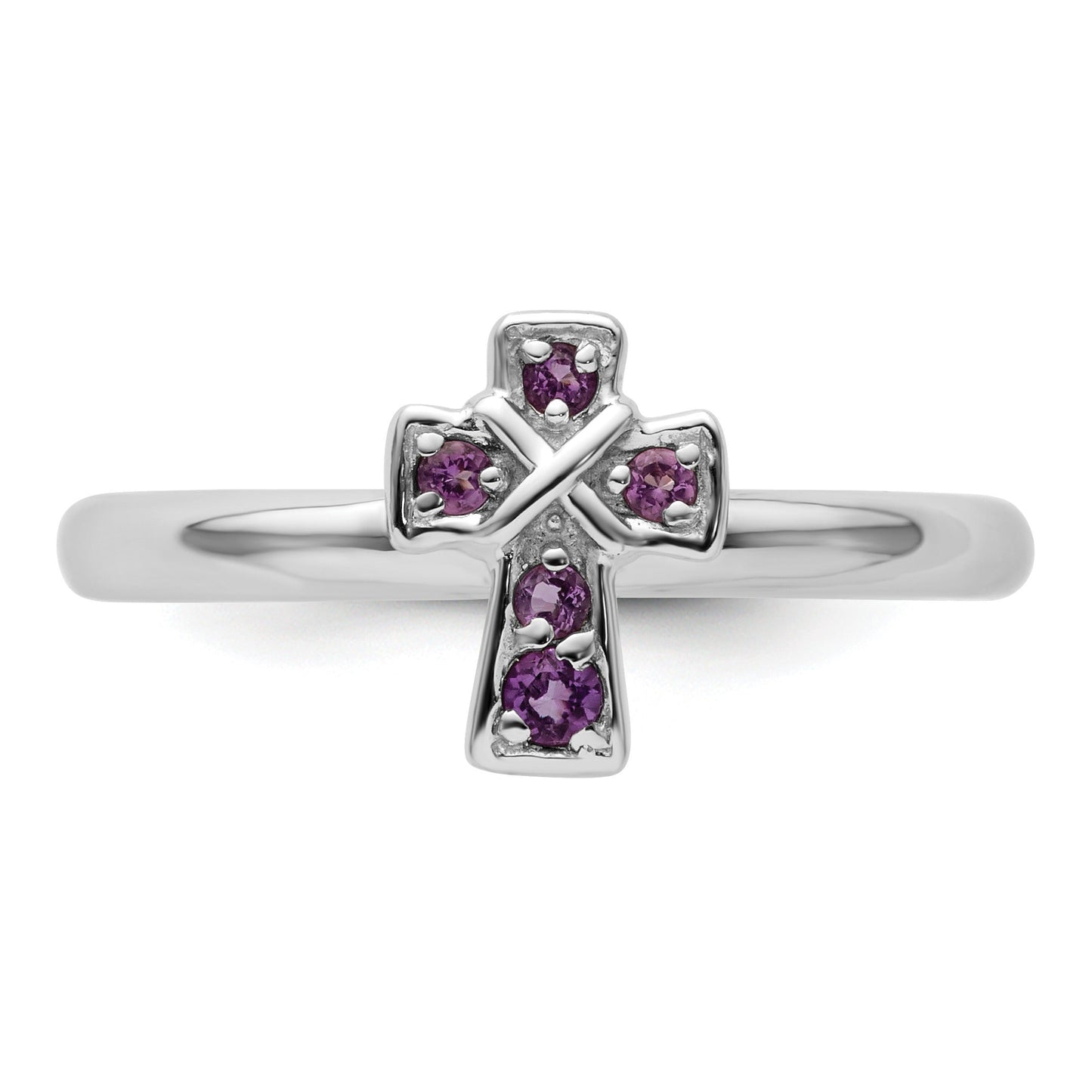 0.018 Ct Round Purple Amethyst Prong Silver Stackable Cross Ring