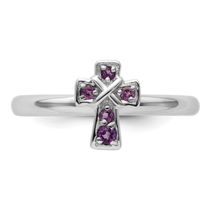 0.018 Ct Round Purple Amethyst Prong Silver Stackable Cross Ring