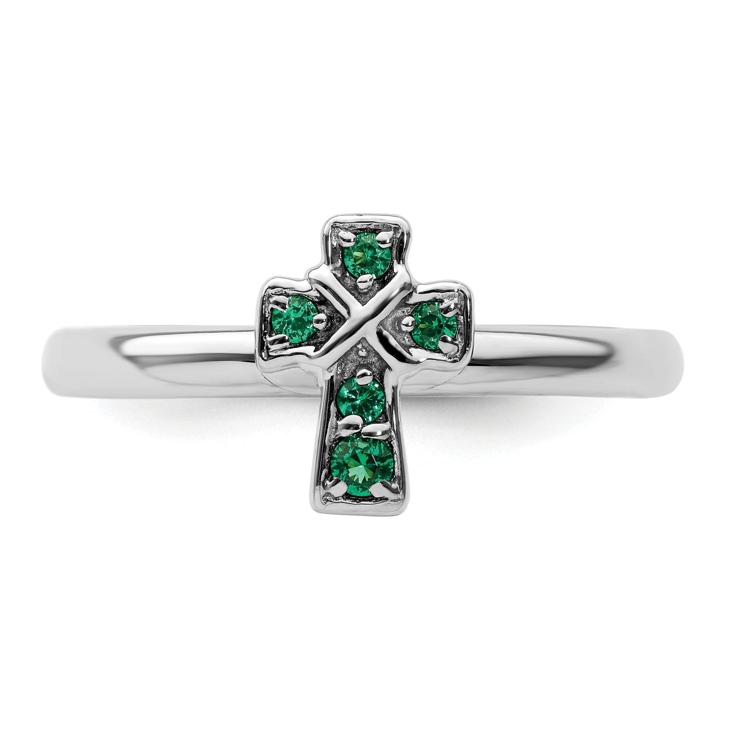 0.04 Ct Round Green Lab Created Emerald Prong Silver Stackable Cross Ring