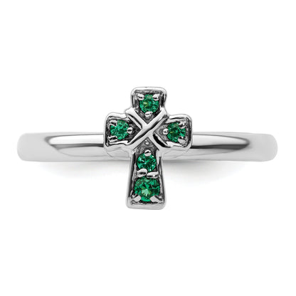 0.04 Ct Round Green Lab Created Emerald Prong Silver Stackable Cross Ring