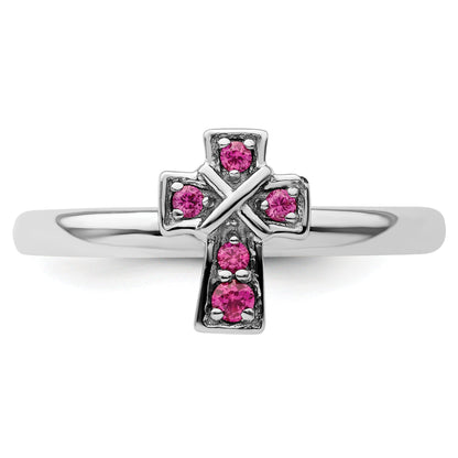 0.14 Ct Round Lab Created Red Ruby Silver Stackable Cross Bezel Ring