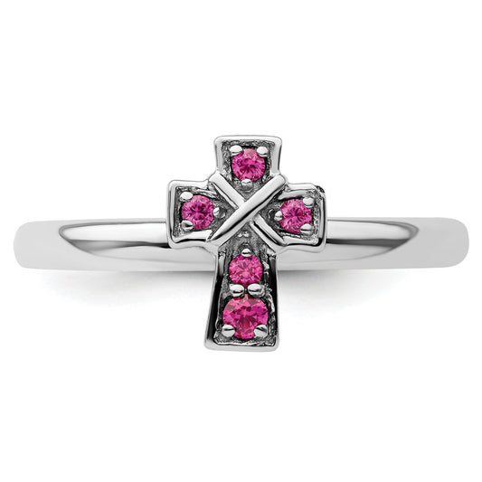 0.14 Ct Round Lab Created Red Ruby Silver Stackable Cross Bezel Ring