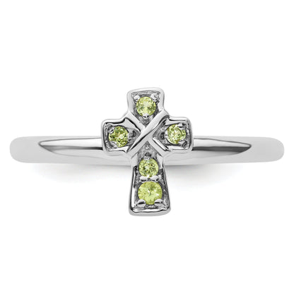 0.16 Ct Round Green Peridot Prong Silver Stackable Cross Ring