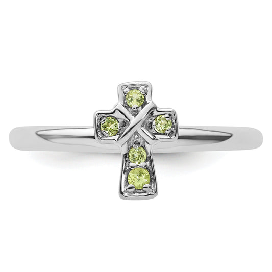 0.16 Ct Round Green Peridot Prong Silver Stackable Cross Ring