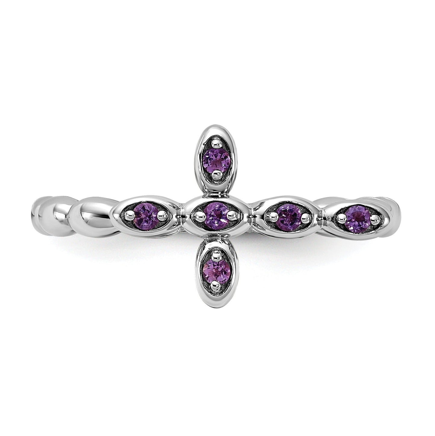 0.10 Ct Round Purple Amethyst Prong Silver Stackable Cross Ring