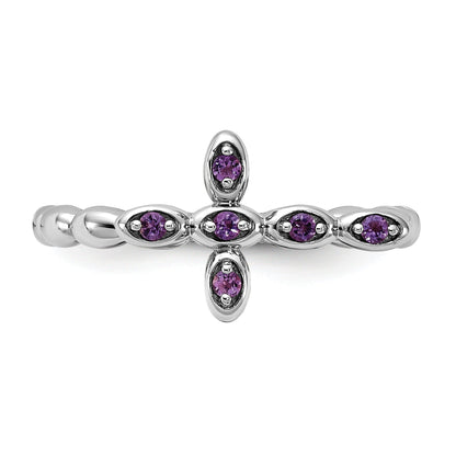 0.10 Ct Round Purple Amethyst Prong Silver Stackable Cross Ring