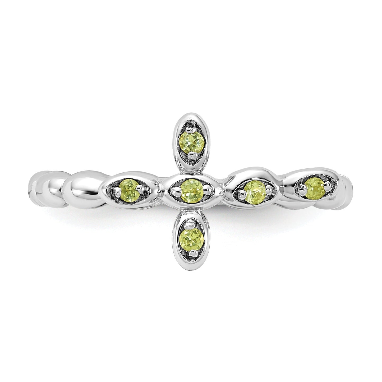 0.09 Ct Round Green Peridot Prong Silver Stackable Cross Ring