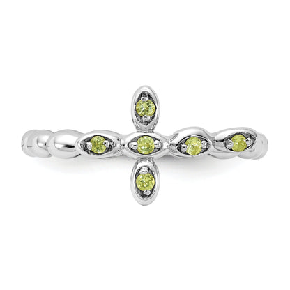 0.09 Ct Round Green Peridot Prong Silver Stackable Cross Ring