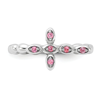 Silver Stackable Natural Pink Tourmaline Cross Ring