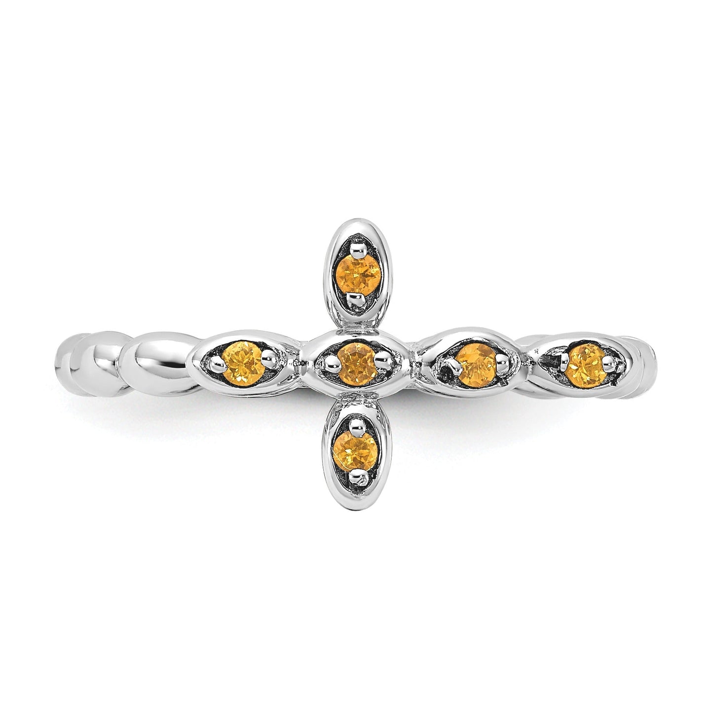 0.08 Ct Round Yellow Citrine Prong Silver Stackable Cross Ring