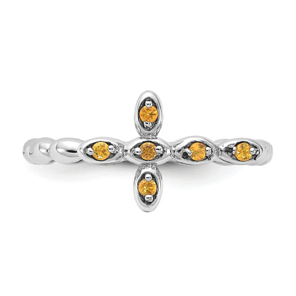 0.08 Ct Round Yellow Citrine Prong Silver Stackable Cross Ring