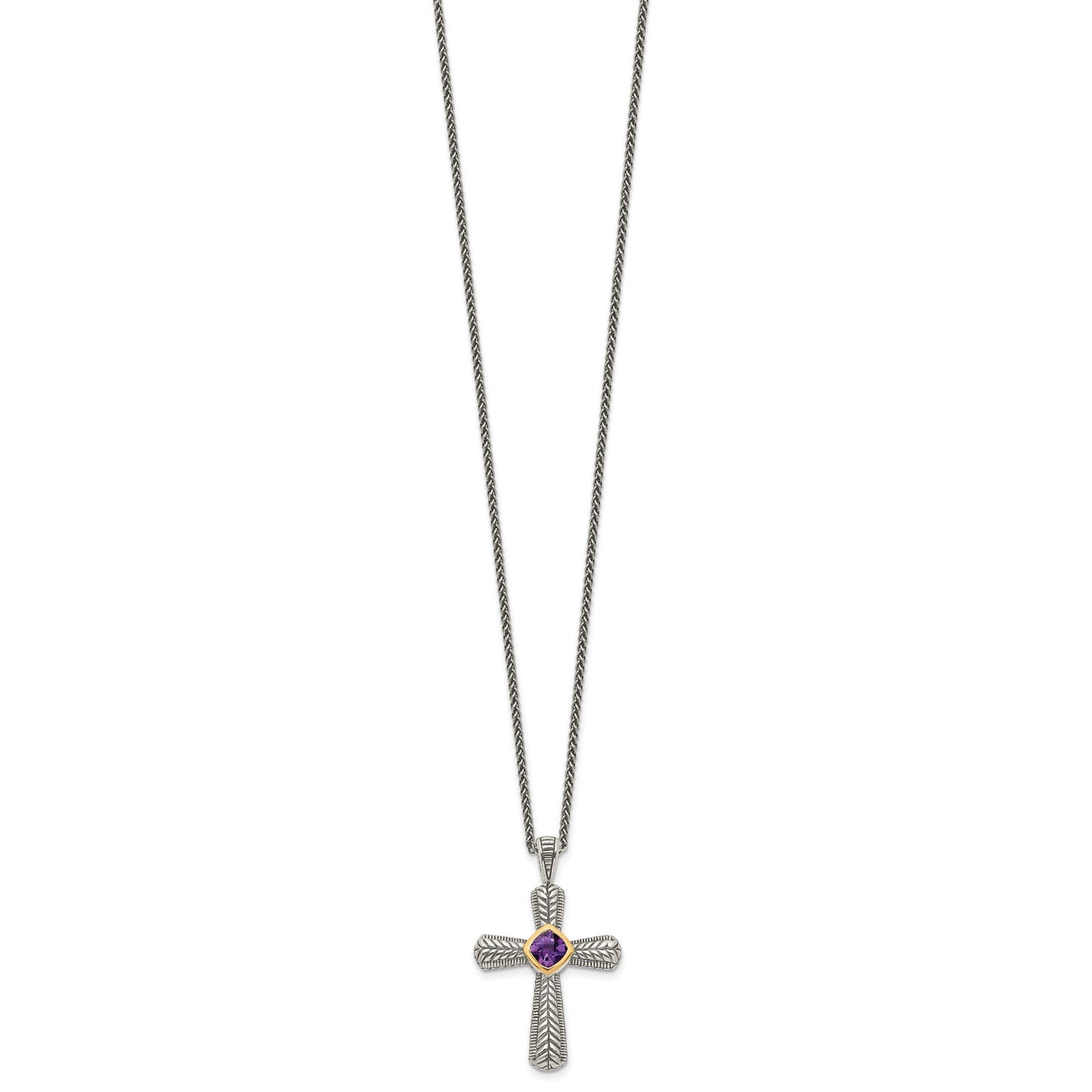 Purple Natural Amethyst Silver Cross Necklace