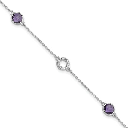 1.55 Ct Round Purple Amethyst & Diamond Bezel Sterling Silver Circle Station Chain Bracelet