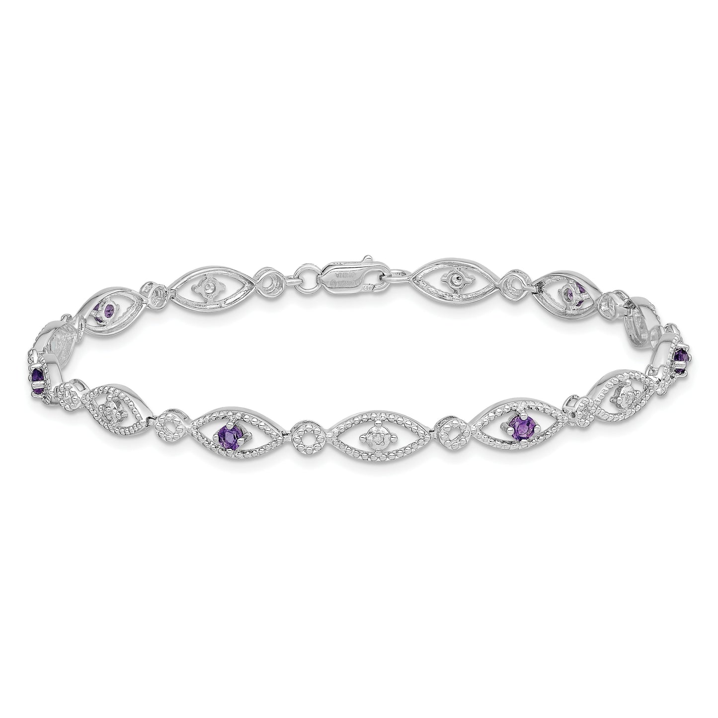 0.35 Ct Round Purple Amethyst & Diamond Prong Sterling Silver Evil Eye Link Bracelet