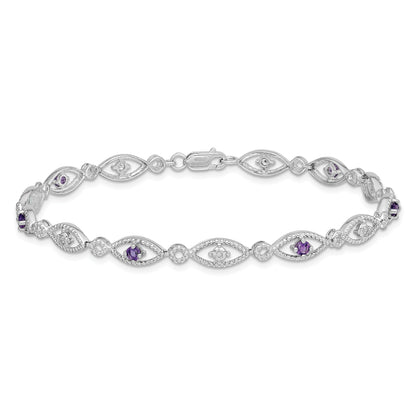 0.35 Ct Round Purple Amethyst & Diamond Prong Sterling Silver Evil Eye Link Bracelet