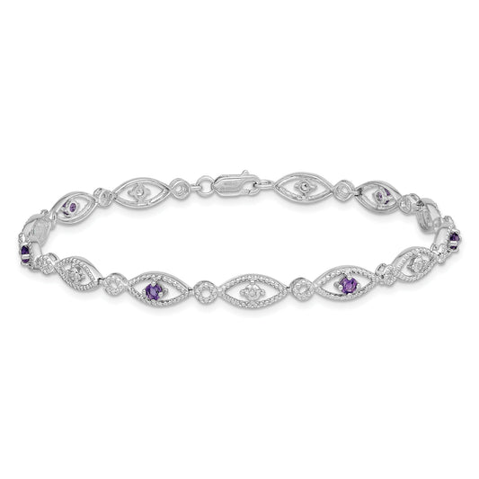 0.35 Ct Round Purple Amethyst & Diamond Prong Sterling Silver Evil Eye Link Bracelet