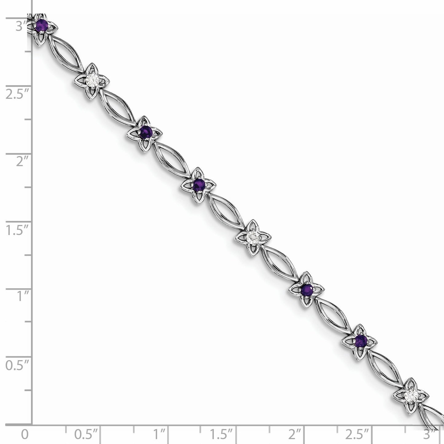 0.47 Ct Round Purple Amethyst & Diamond Prong Sterling Silver Floral Link Bracelet