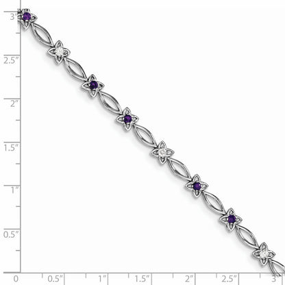 0.47 Ct Round Purple Amethyst & Diamond Prong Sterling Silver Floral Link Bracelet