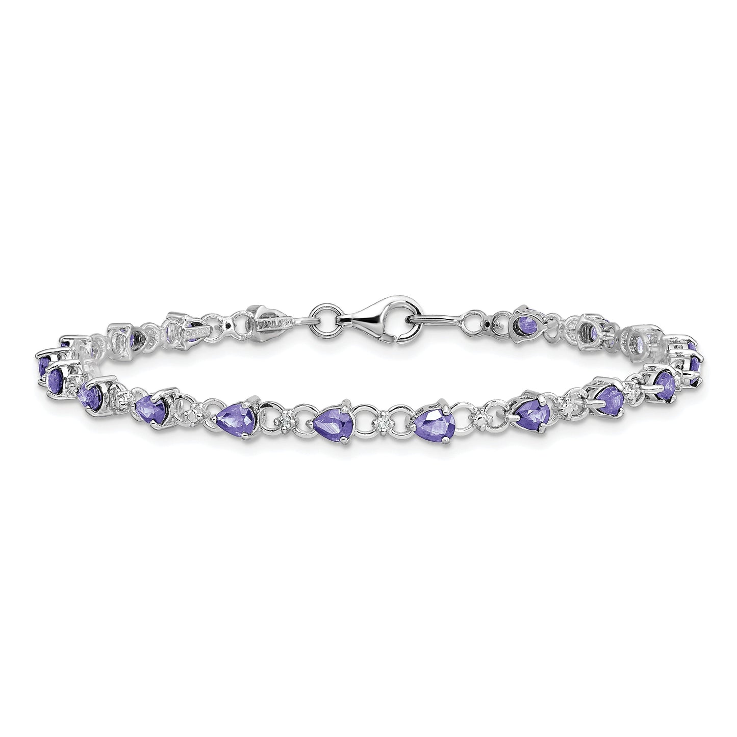 0.13 Ct Pear Violet Tanzanite & Diamond Prong Sterling Silver Link Bracelet