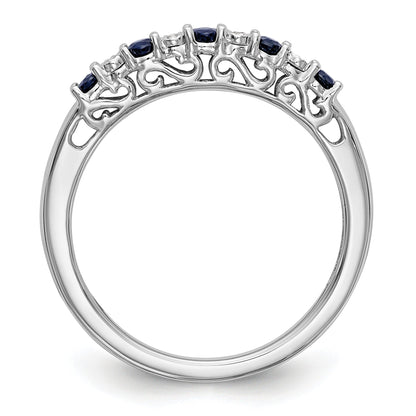 Round Blue Sapphire And Diamond 14k White Gold Half Eternity Wedding Band Ring