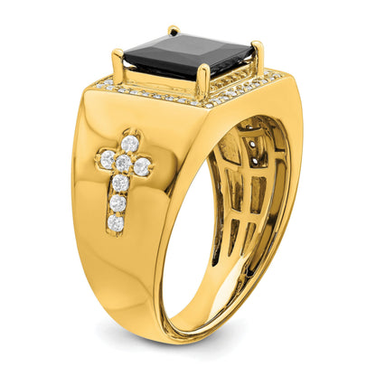 14k Gold 1/2 ct Lab Grown Diamond and Onyx Side Cross Square Men's Ring