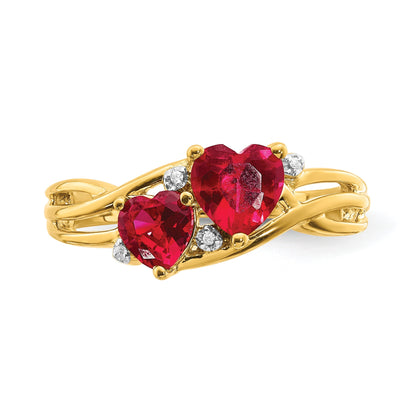 1.648 Ct Double Heart Red Ruby and Lab Diamond Gold Toi et Moi Bypass Ring