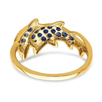0.57 Ct Blue Sapphire and Diamond Prong 14k Yellow Gold Two Dolphins Ring
