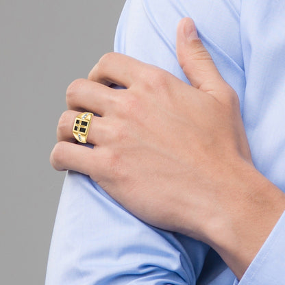 14k Gold Lab Grown Diamond and Onyx Cross Men's Ring