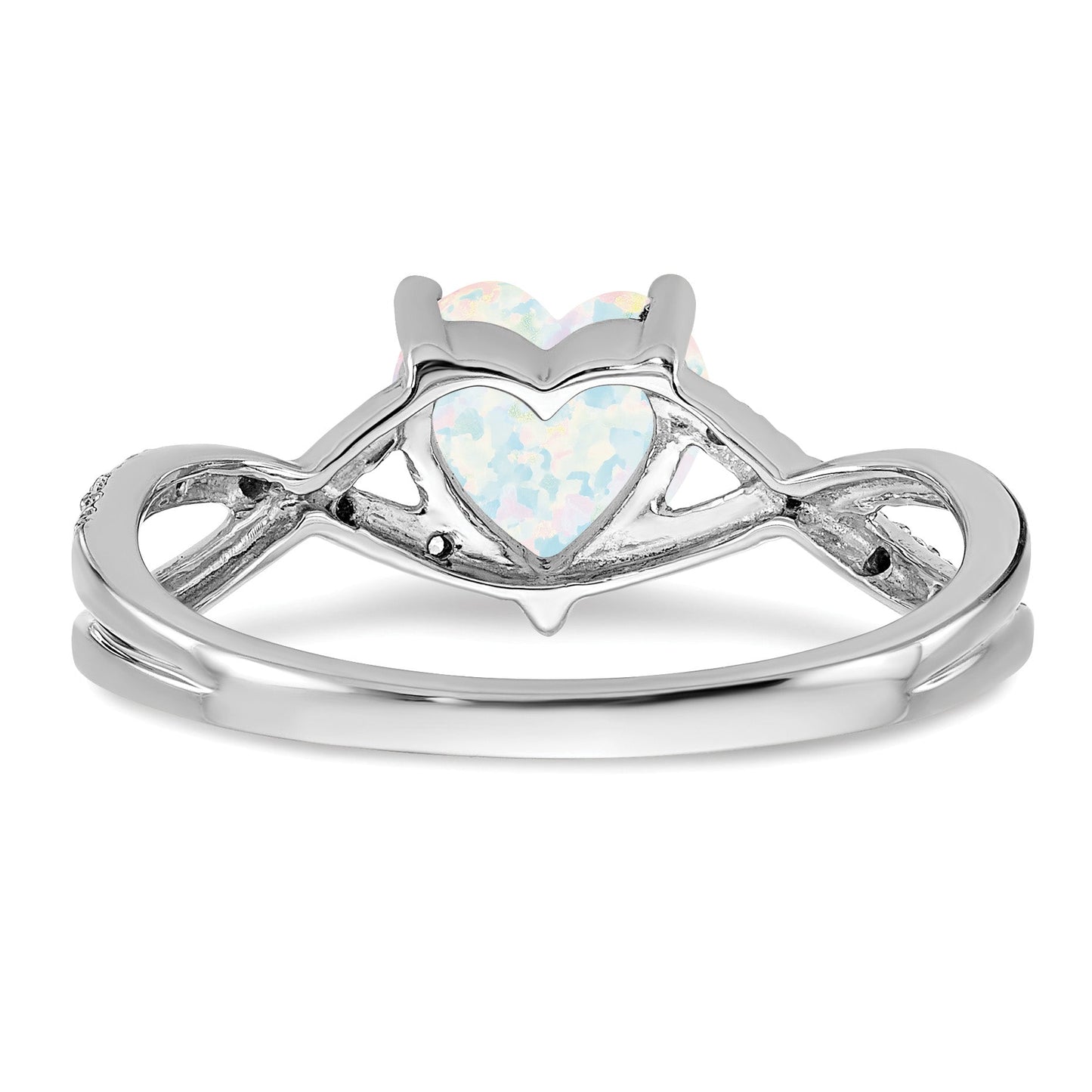 14k White Gold Created Opal and Diamond Pave Heart Ring