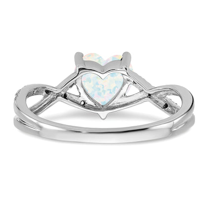 14k White Gold Created Opal and Diamond Pave Heart Ring