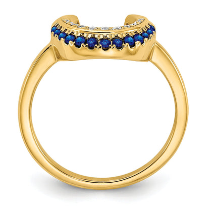 0.25 Ct Round Blue Sapphire & Diamond Pavé 14K Yellow Gold Horseshoe Curved Band Moon Ring