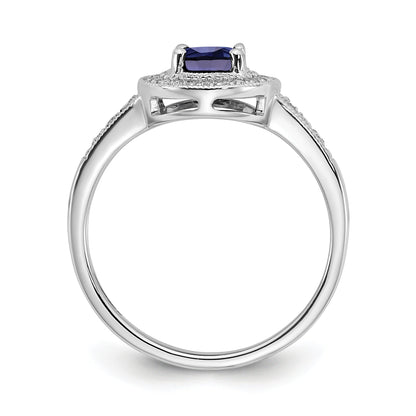 0.68 Ct Oval Lab Created Blue Sapphire and Diamond Prong 14K White Gold Halo Side Pave Ring