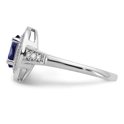 0.68 Ct Oval Lab Created Blue Sapphire and Diamond Prong 14K White Gold Halo Side Pave Ring