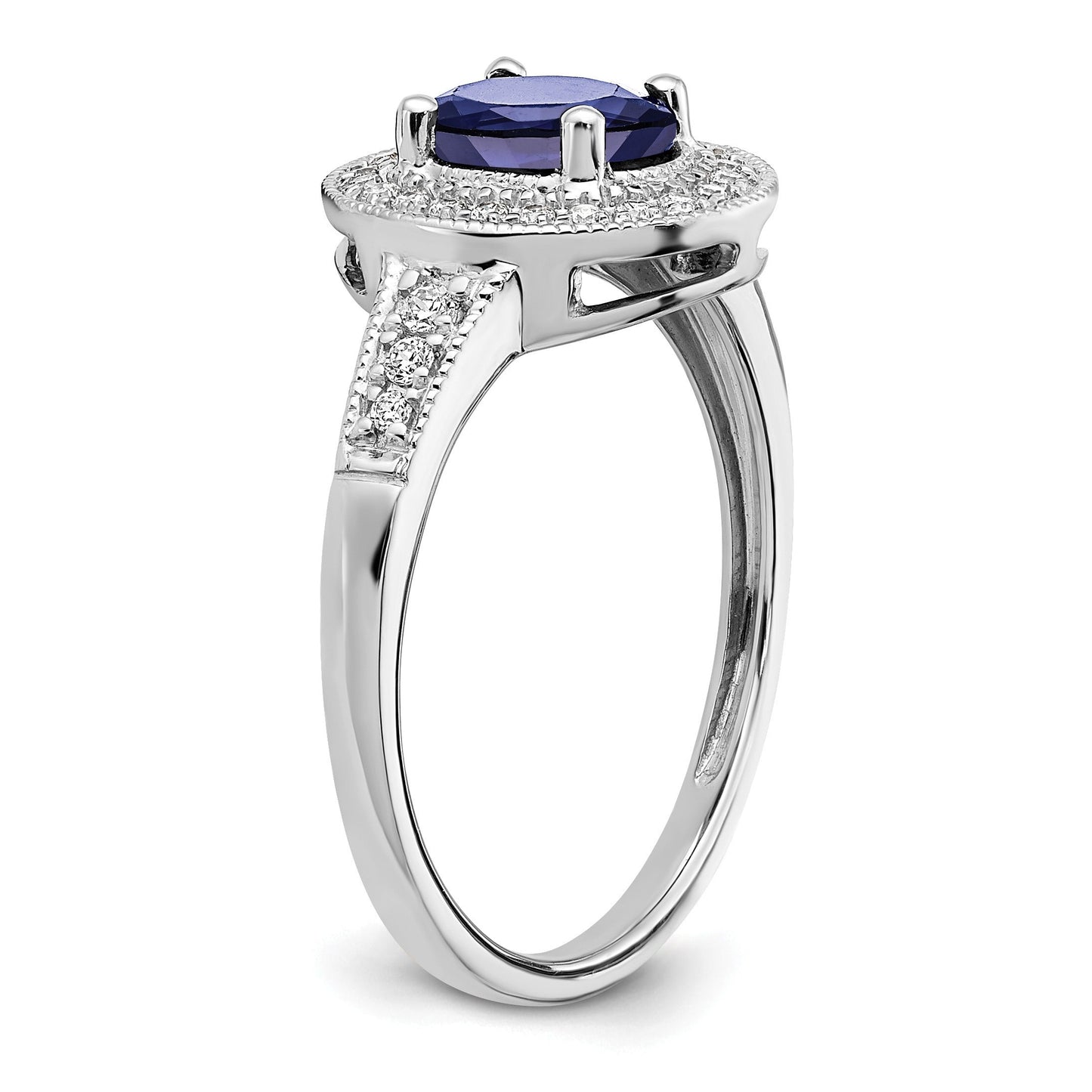 0.68 Ct Oval Lab Created Blue Sapphire and Diamond Prong 14K White Gold Halo Side Pave Ring
