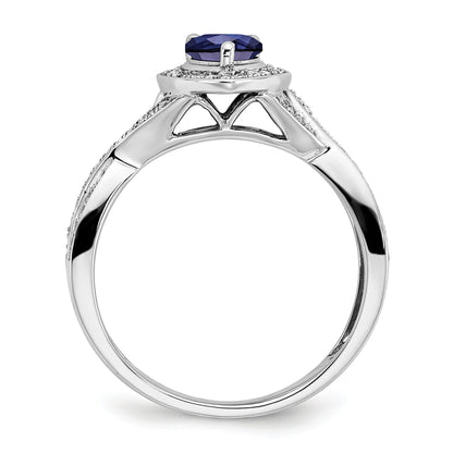 0.74 Ct Pear Blue Created Sapphire & Diamond Prong 14K White Gold Twisted Halo Ring