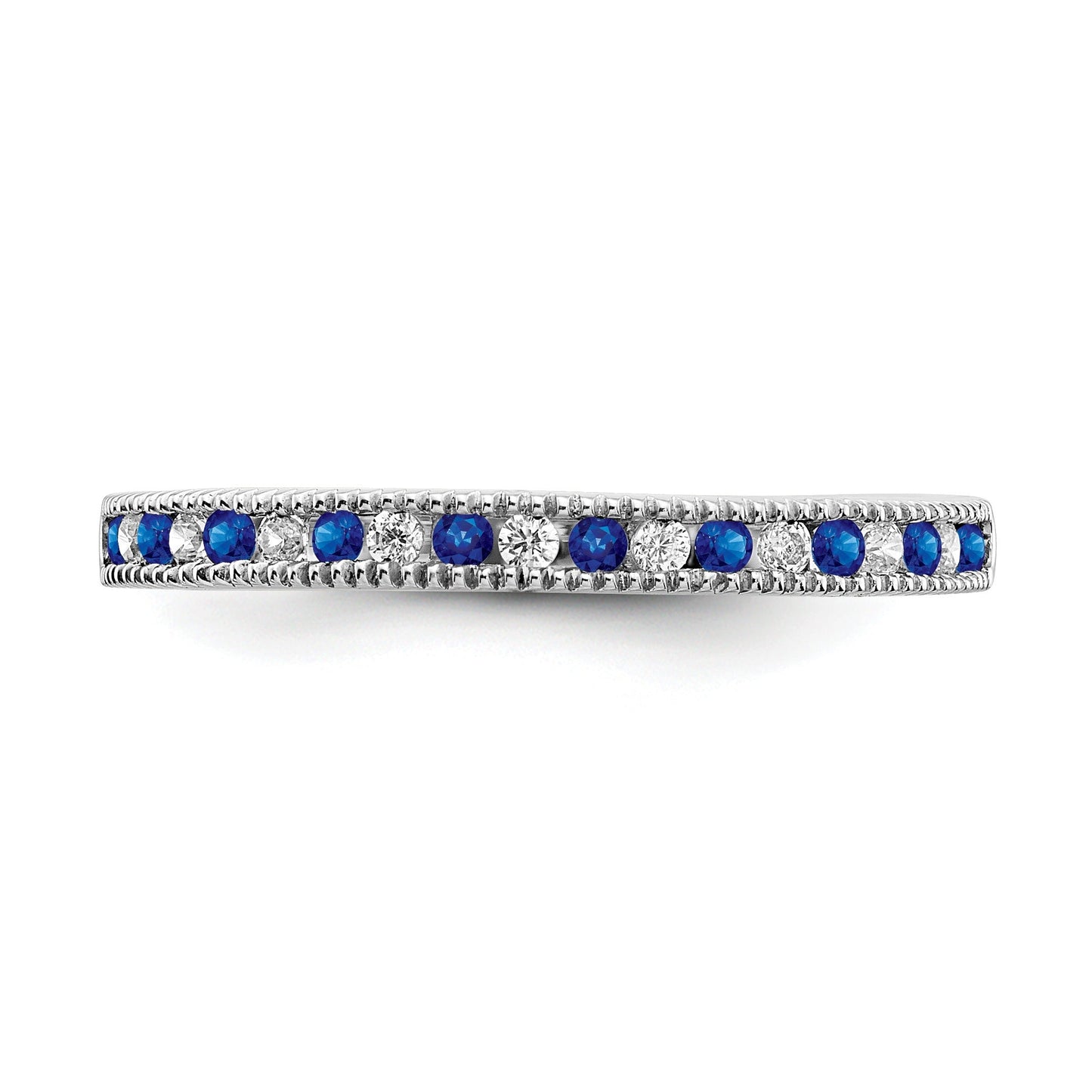 0.58 Ct Round Blue Sapphire & Diamond 14K White Gold Milgrain Band Ring