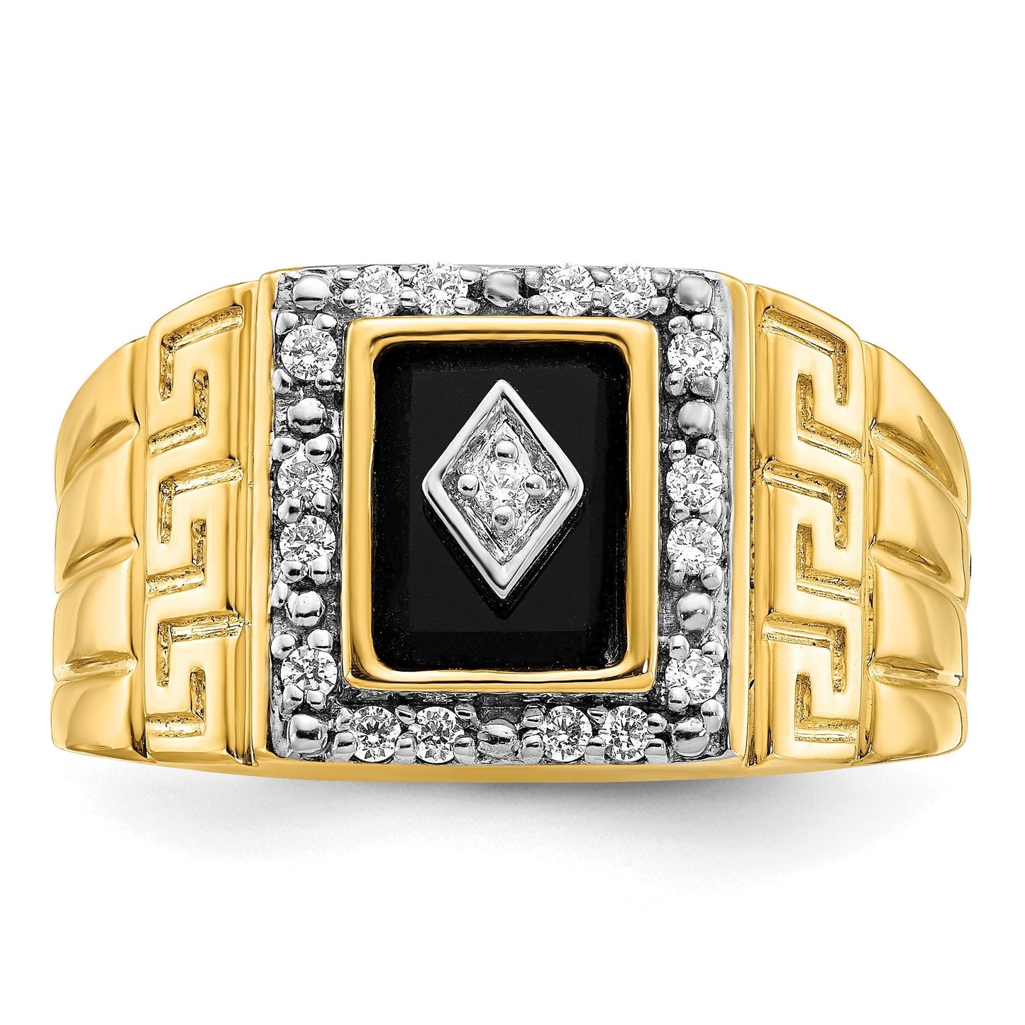 14k Gold 1/5 ct Lab Grown Diamond and Onyx Greek Key Design Men's Ring