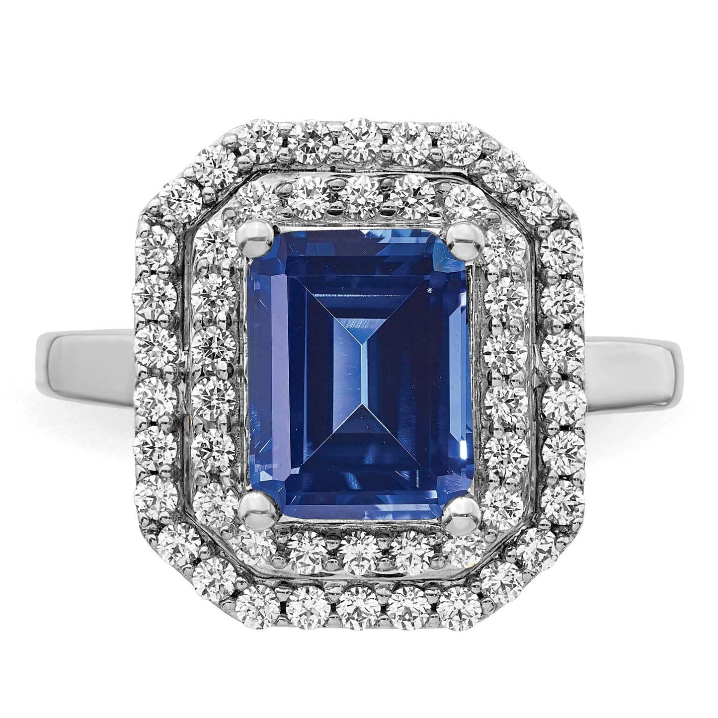 Emerald Cut Lab Created Blue Sapphire and Diamond 14K White Gold Double Halo Ring