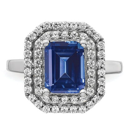 Emerald Cut Lab Created Blue Sapphire and Diamond 14K White Gold Double Halo Ring