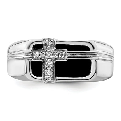 1/20 ct Lab Grown Diamond and Onyx Cross Men's Ring 14k White Gold