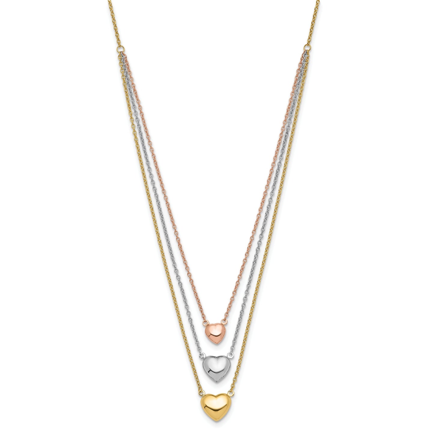 Tri-color Three Hearts 14K Gold Layered Cable Chain Necklace