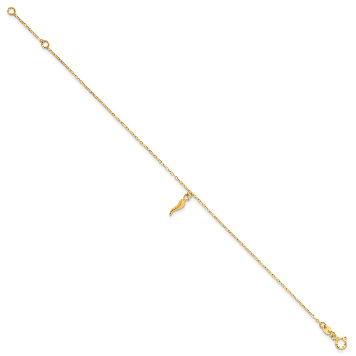 14K Yellow Gold Single Italian Horn Dangle with Spring Ring Clasp Charm Bracelet