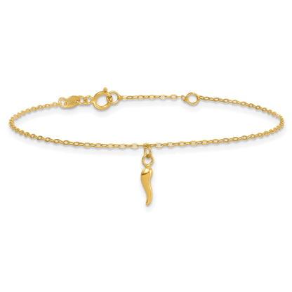 14K Yellow Gold Single Italian Horn Dangle with Spring Ring Clasp Charm Bracelet