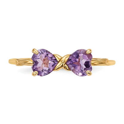 14k Yellow Gold Bow Dual Heart Birthstone Ring