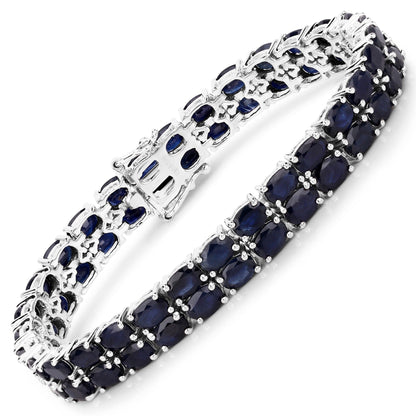 28.80 Cttw Oval Blue Sapphire Prong Sterling Silver Two Row Tennis Bracelet
