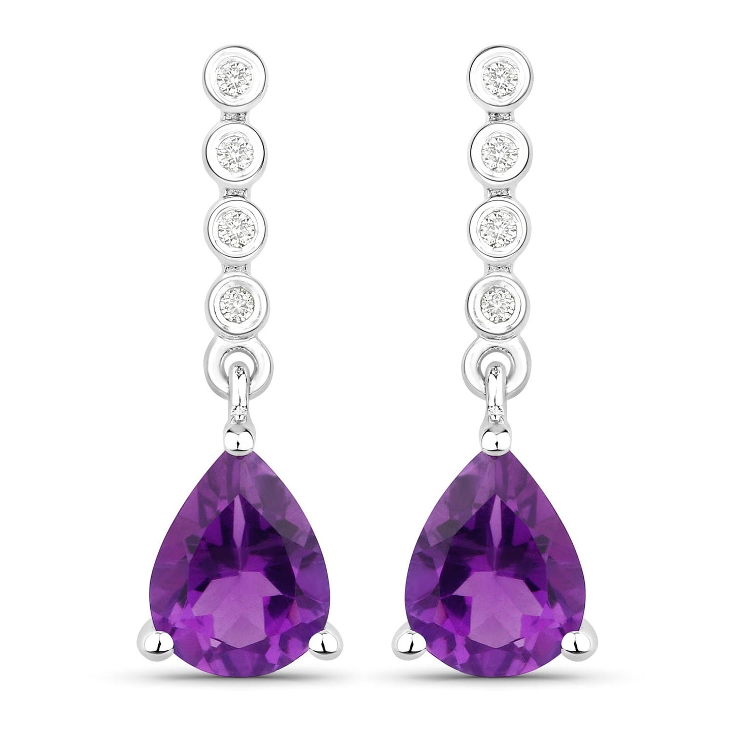 2 Ct Pear Purple Amethyst & Lab Diamond Prong Silver Teardrop Dangle Earrings